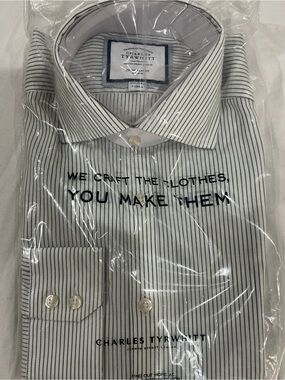 Charles Tyrwhitt Olive Pinstripe Dress Shirt 15.5/34 Extra Slim Fit NWT